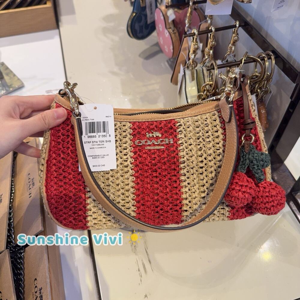 NWT Coach Teri Shoulder Bag With Stripes And Charm Gold/Red/Tan CER34 - Picture 8 of 12